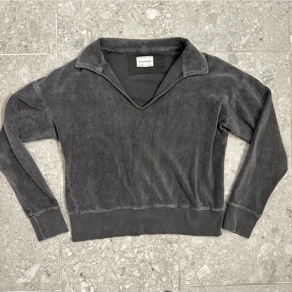 Honorine Hunter Polo Sweatshirt women’s size XS cropped grey Sherpa fleece top